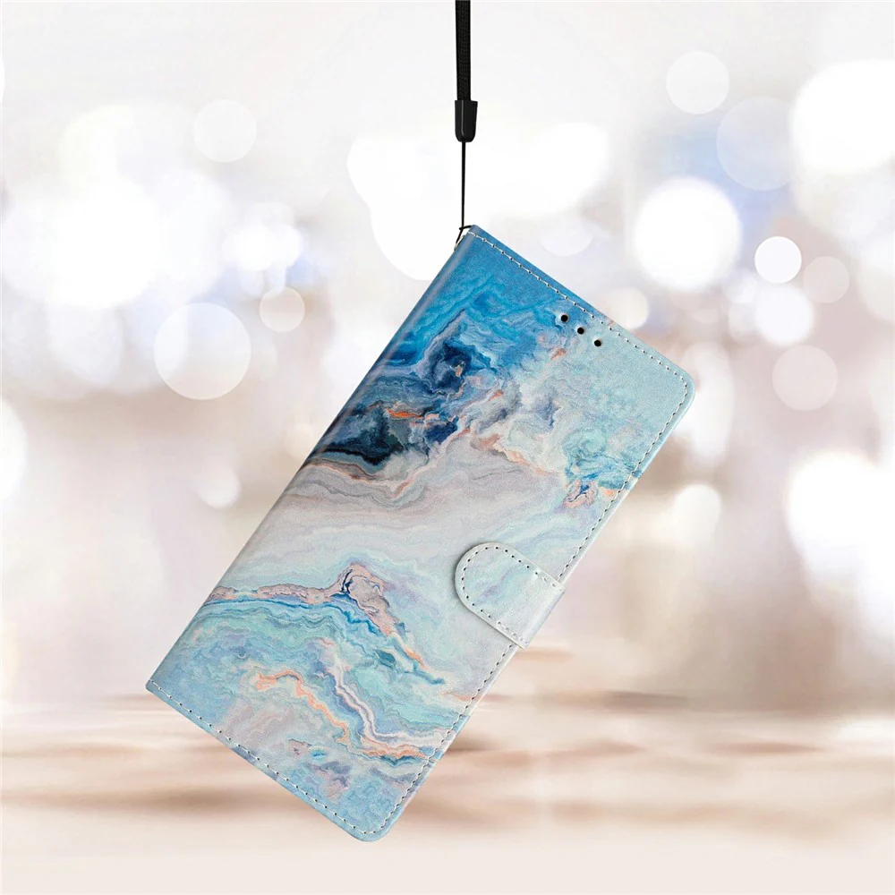 For iPhone 17 Pro Max Wallet Case PU Leather Pattern Printing Stand Phone Cover with Strap - Blue Marble - Image 6