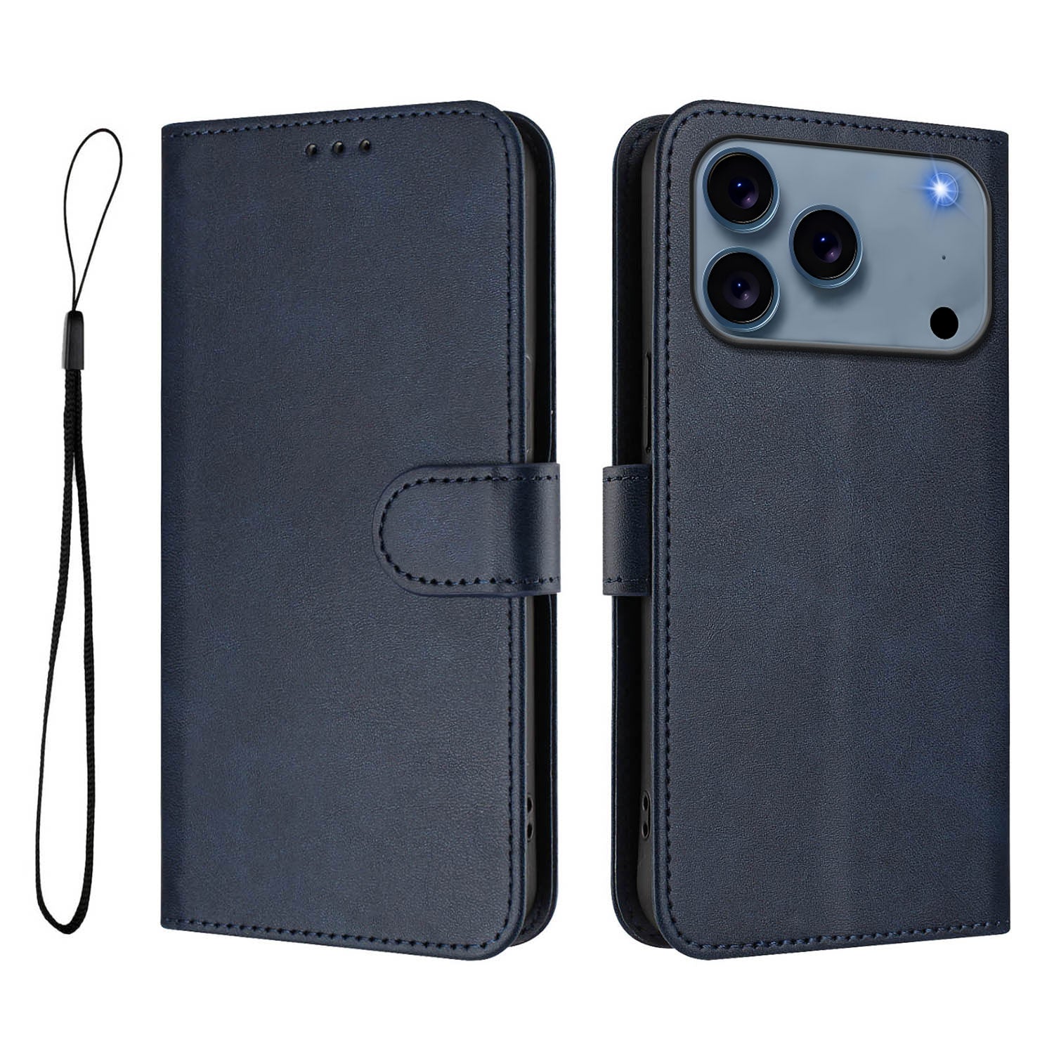 For iPhone 17 Pro Max Wallet Case RFID Blocking Calf Texture Leather Stand Phone Cover with Strap - Blue