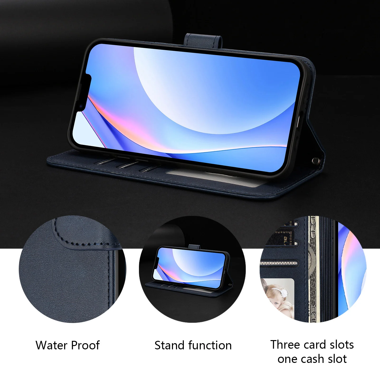 For iPhone 17 Pro Max Wallet Case RFID Blocking Calf Texture Leather Stand Phone Cover with Strap - Blue - Image 8