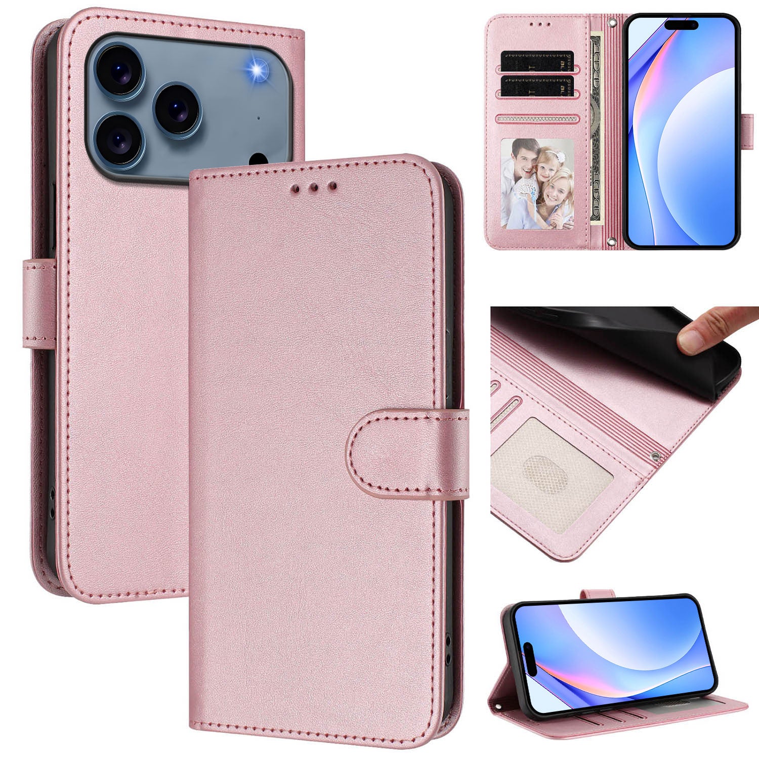 For iPhone 17 Pro Max Wallet Case RFID Blocking Calf Texture Leather Stand Phone Cover with Strap - Pink - Image 2