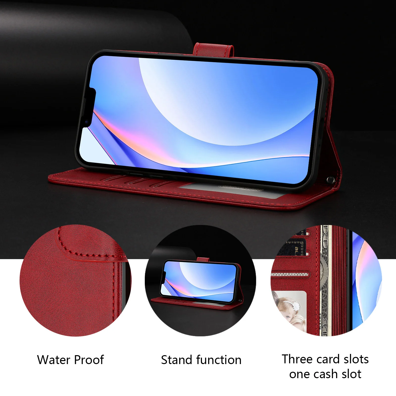 For iPhone 17 Pro Max Wallet Case RFID Blocking Calf Texture Leather Stand Phone Cover with Strap - Wine Red - Image 8