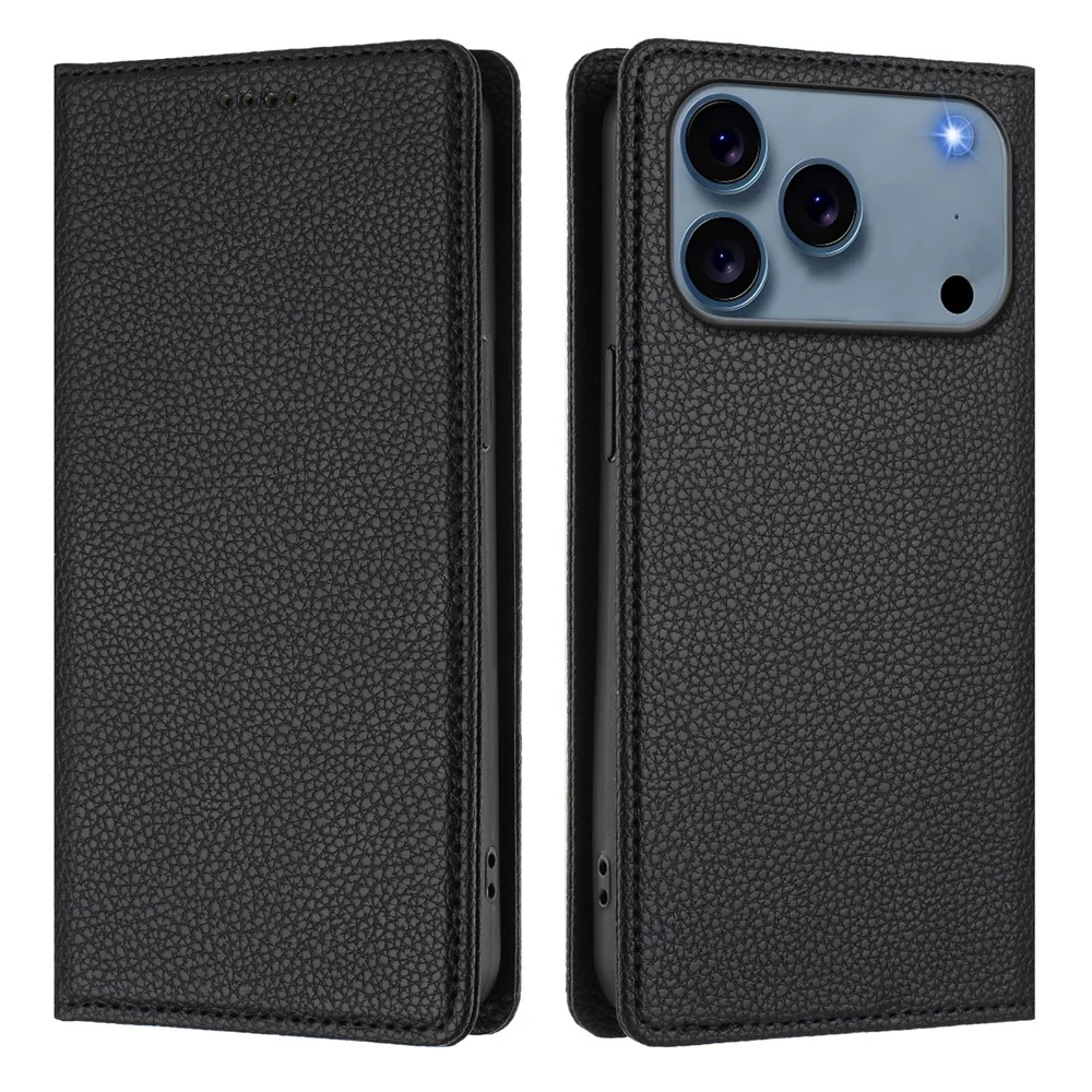 For iPhone 17 Pro Max Wallet Case RFID Blocking Litchi Texture Leather Mobile Cover - Black