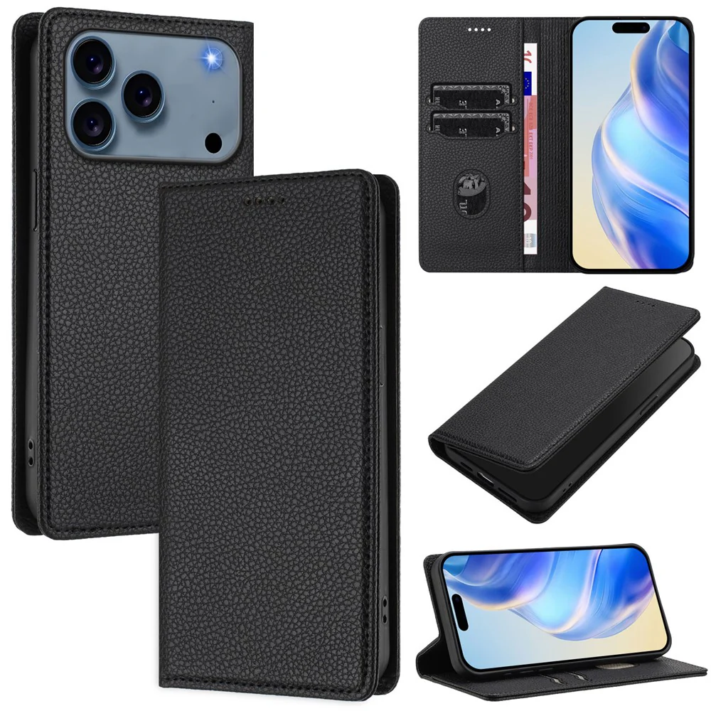 For iPhone 17 Pro Max Wallet Case RFID Blocking Litchi Texture Leather Mobile Cover - Black - Image 2