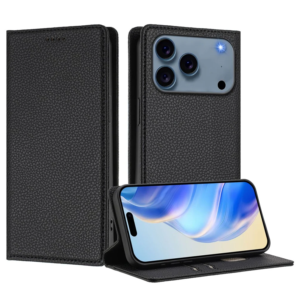 For iPhone 17 Pro Max Wallet Case RFID Blocking Litchi Texture Leather Mobile Cover - Black - Image 3
