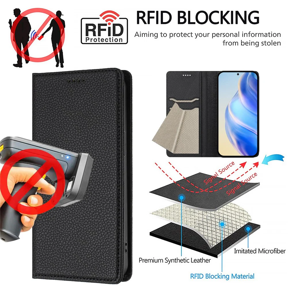 For iPhone 17 Pro Max Wallet Case RFID Blocking Litchi Texture Leather Mobile Cover - Black - Image 7