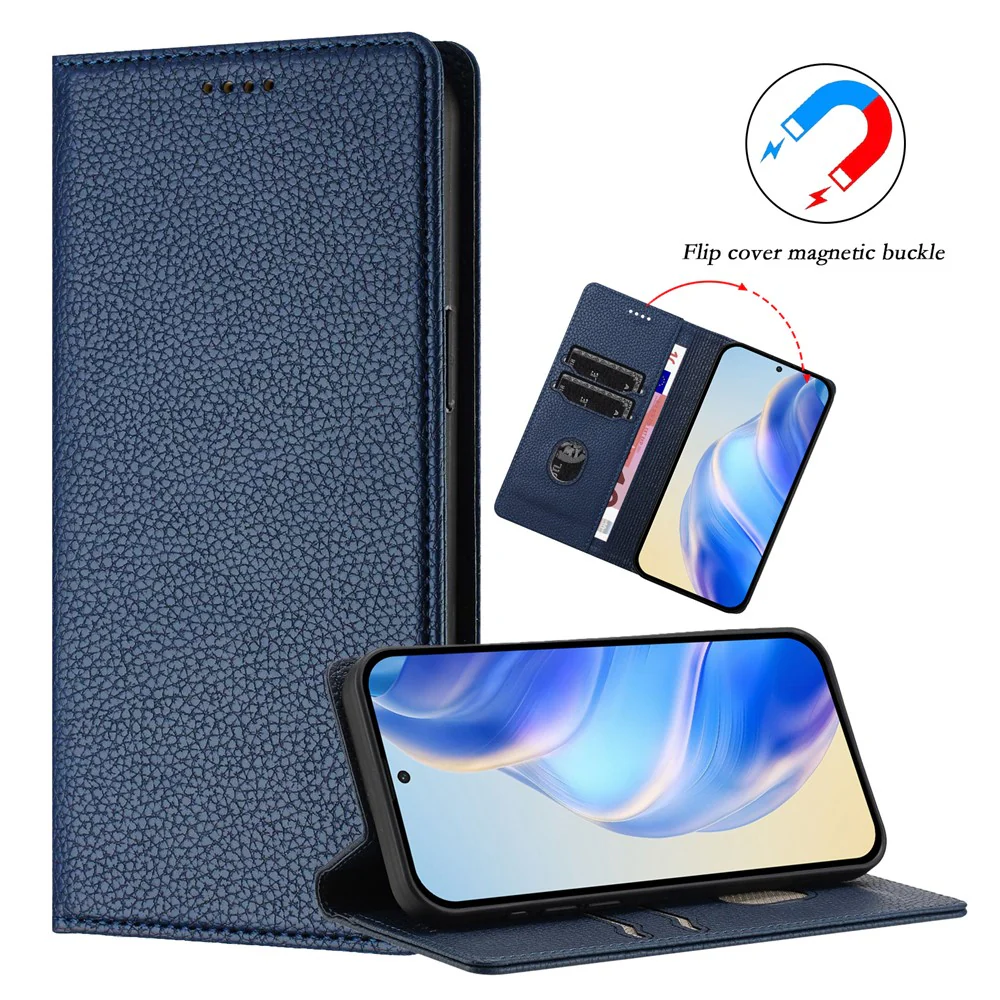 For iPhone 17 Pro Max Wallet Case RFID Blocking Litchi Texture Leather Mobile Cover - Dark Blue - Image 4