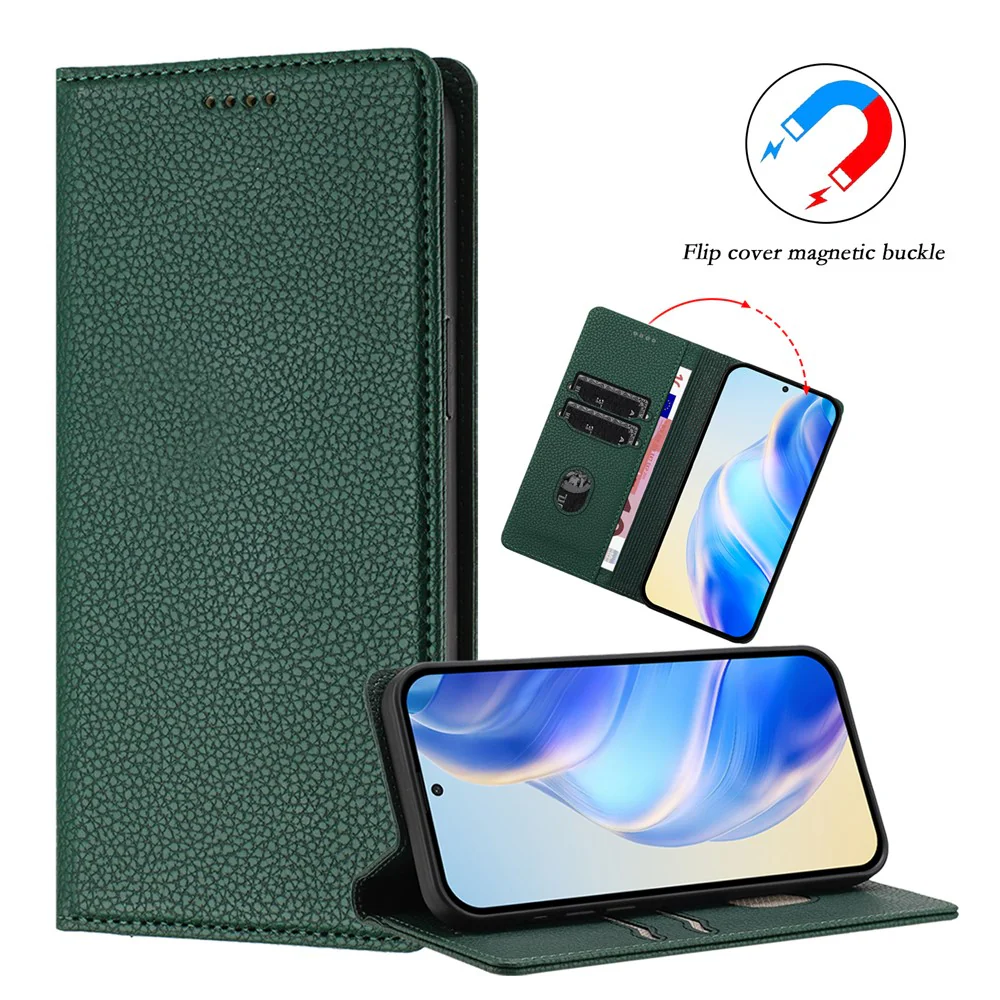 For iPhone 17 Pro Max Wallet Case RFID Blocking Litchi Texture Leather Mobile Cover - Dark Green - Image 4