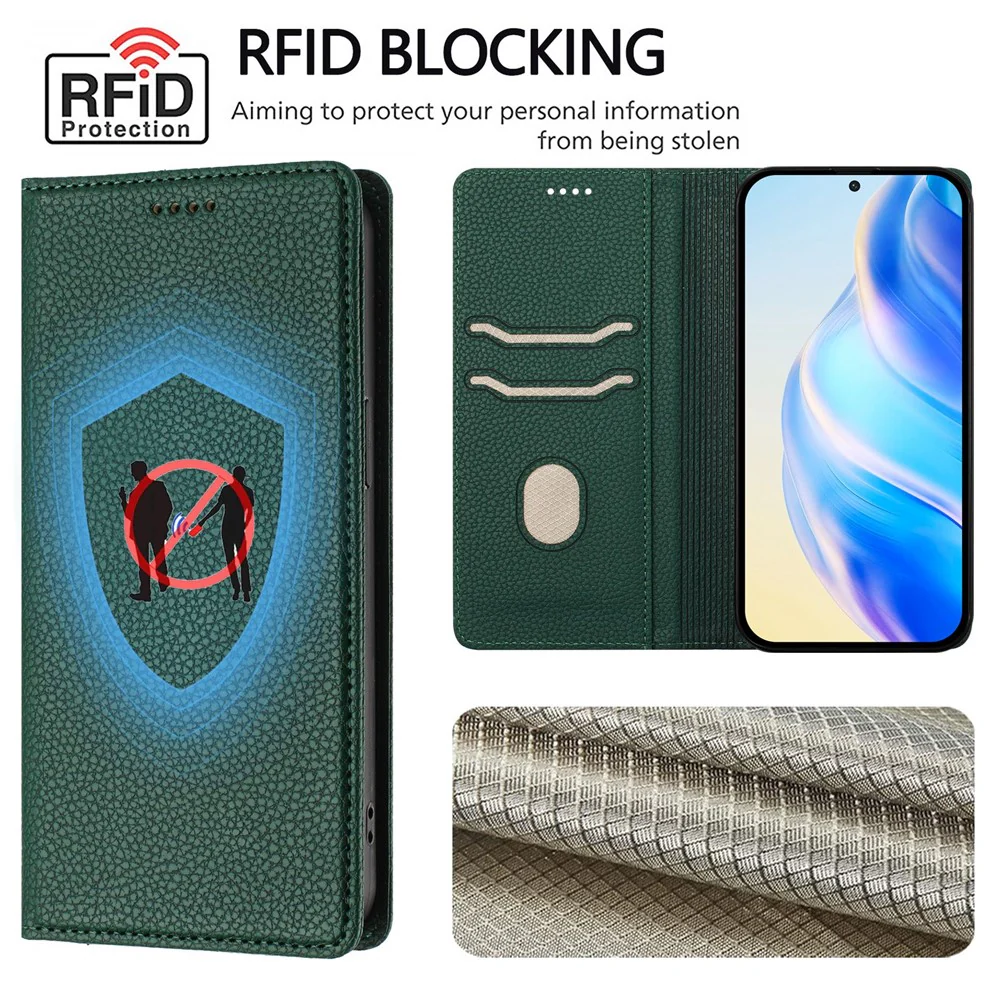 For iPhone 17 Pro Max Wallet Case RFID Blocking Litchi Texture Leather Mobile Cover - Dark Green - Image 6
