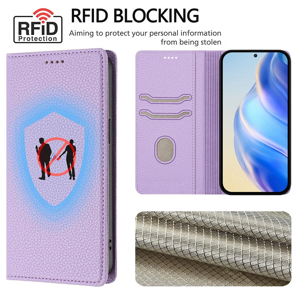 For iPhone 17 Pro Max Wallet Case RFID Blocking Litchi Texture Leather Mobile Cover - Light Purple - Image 6