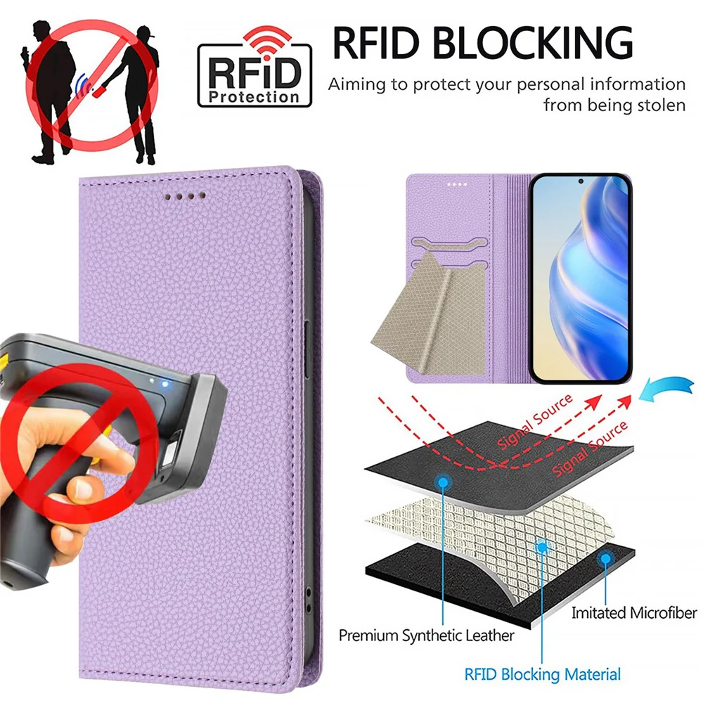 For iPhone 17 Pro Max Wallet Case RFID Blocking Litchi Texture Leather Mobile Cover - Light Purple - Image 7