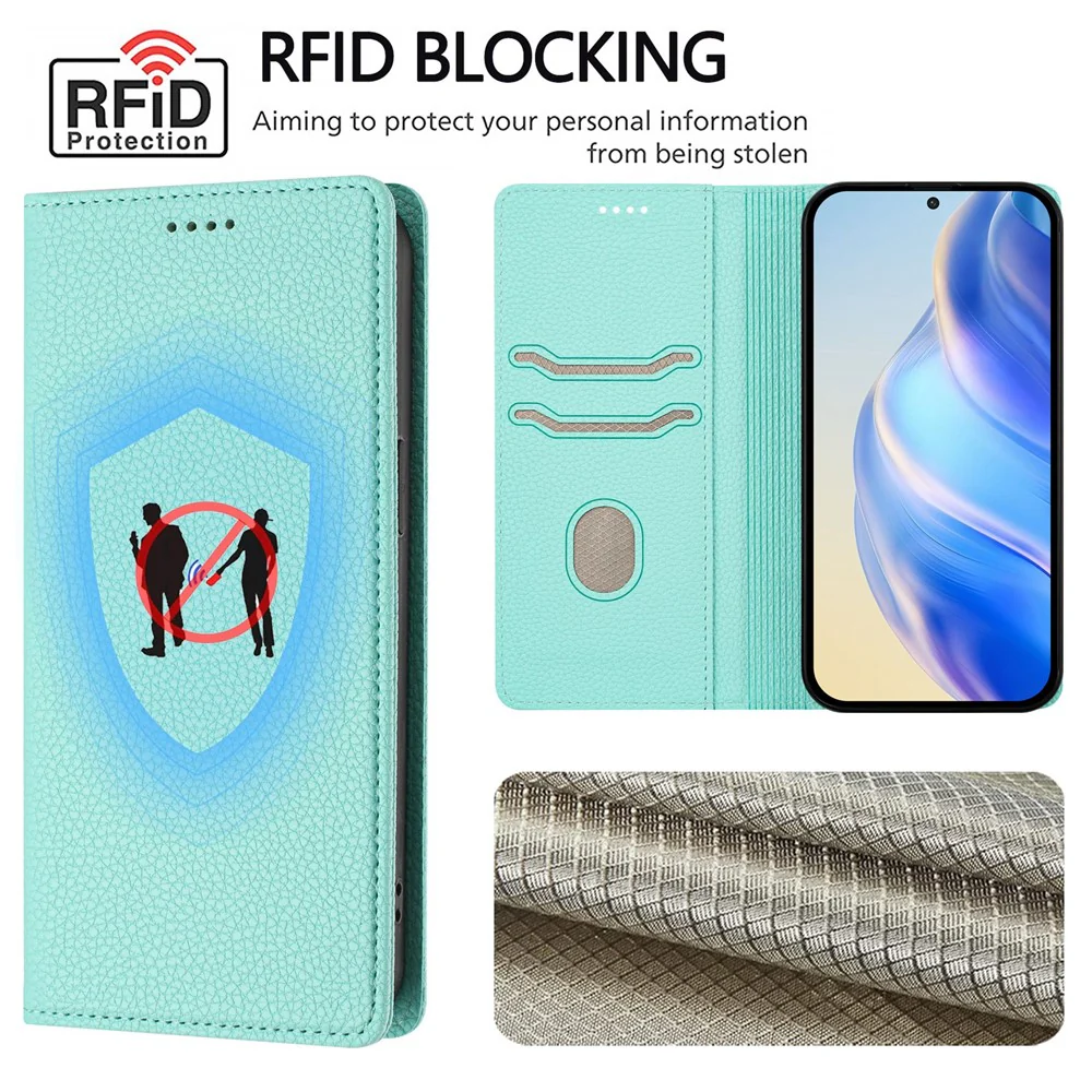 For iPhone 17 Pro Max Wallet Case RFID Blocking Litchi Texture Leather Mobile Cover - Mint Green - Image 6