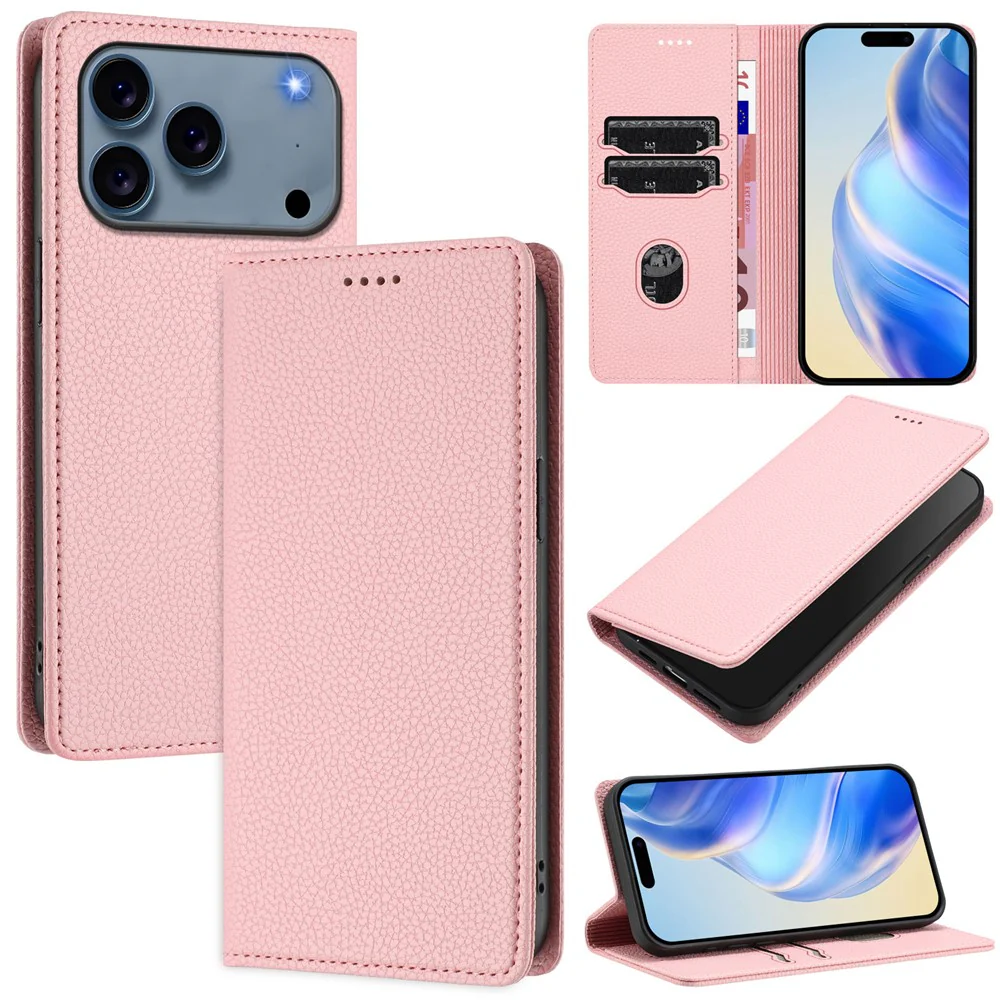 For iPhone 17 Pro Max Wallet Case RFID Blocking Litchi Texture Leather Mobile Cover - Pink - Image 2