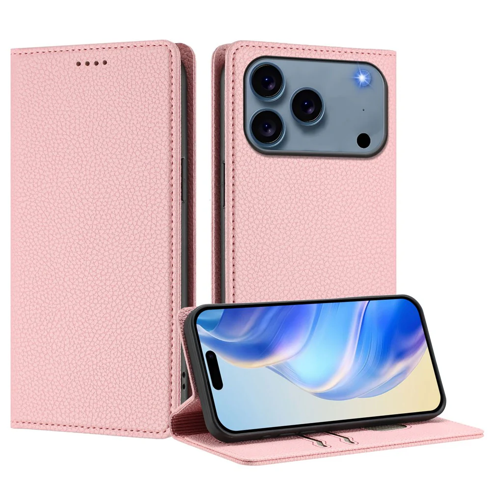 For iPhone 17 Pro Max Wallet Case RFID Blocking Litchi Texture Leather Mobile Cover - Pink - Image 3