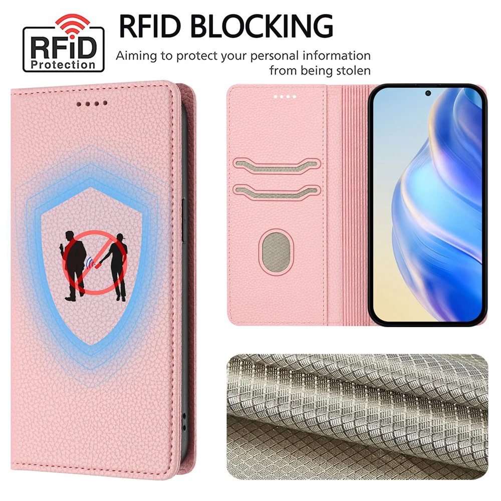 For iPhone 17 Pro Max Wallet Case RFID Blocking Litchi Texture Leather Mobile Cover - Pink - Image 6