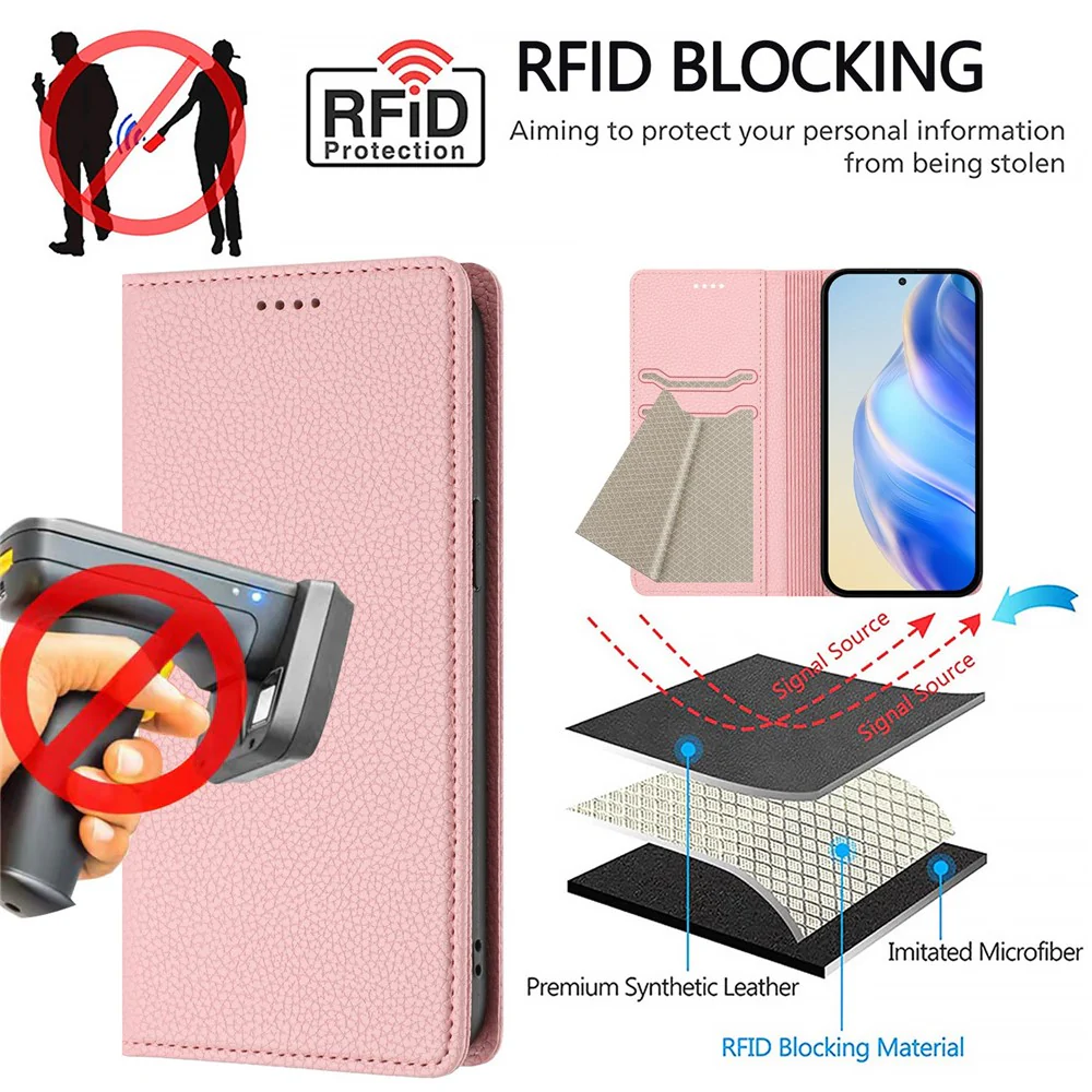 For iPhone 17 Pro Max Wallet Case RFID Blocking Litchi Texture Leather Mobile Cover - Pink - Image 7