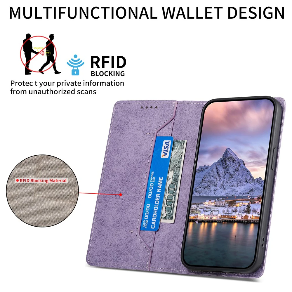 For iPhone 17 Pro Max Wallet Case RFID Blocking PU Leather Phone Cover - Purple - Image 2