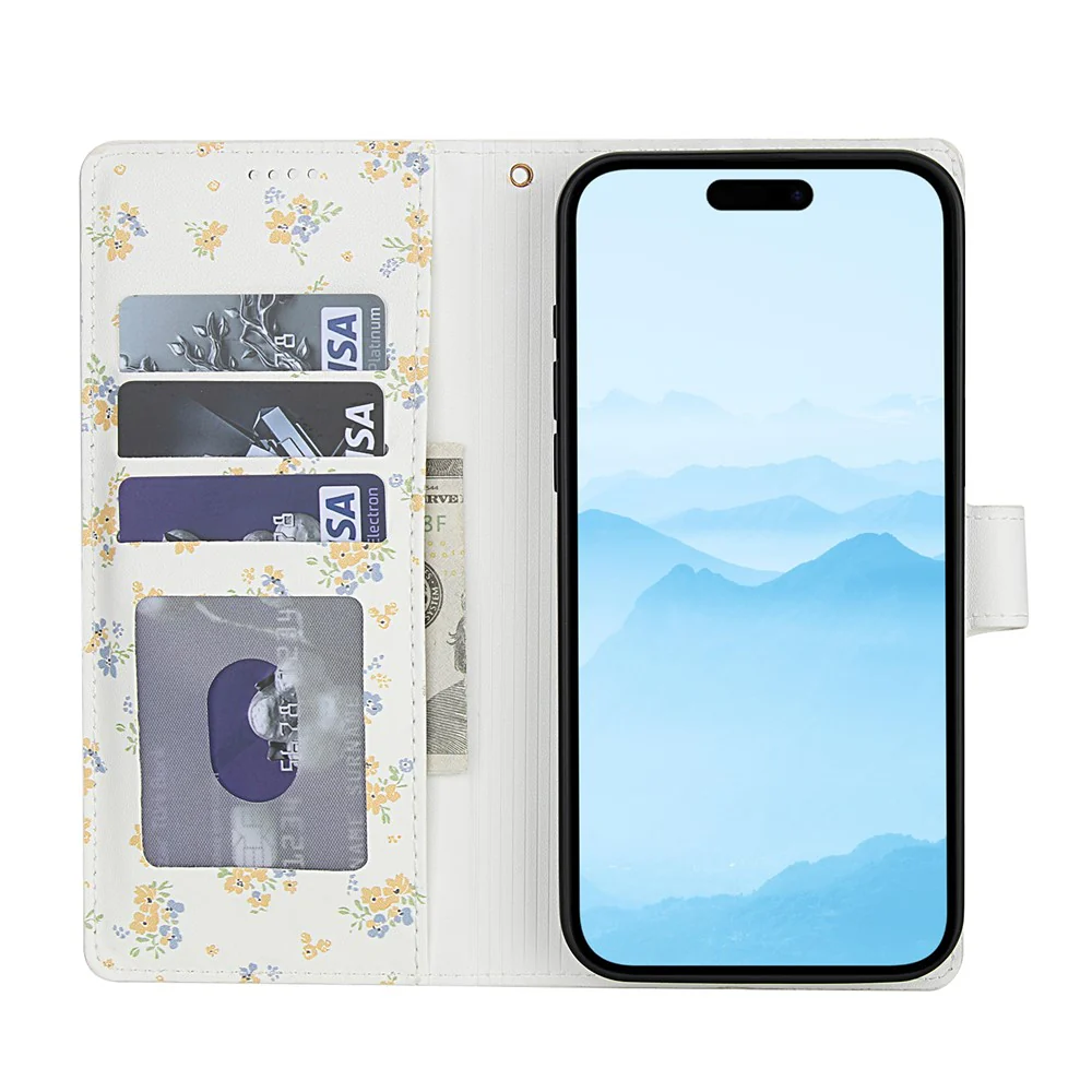 For iPhone 17 Pro Max Wallet Case Rhombic Floral Design Leather Flip Phone Cover with Strap - A5 - Image 2