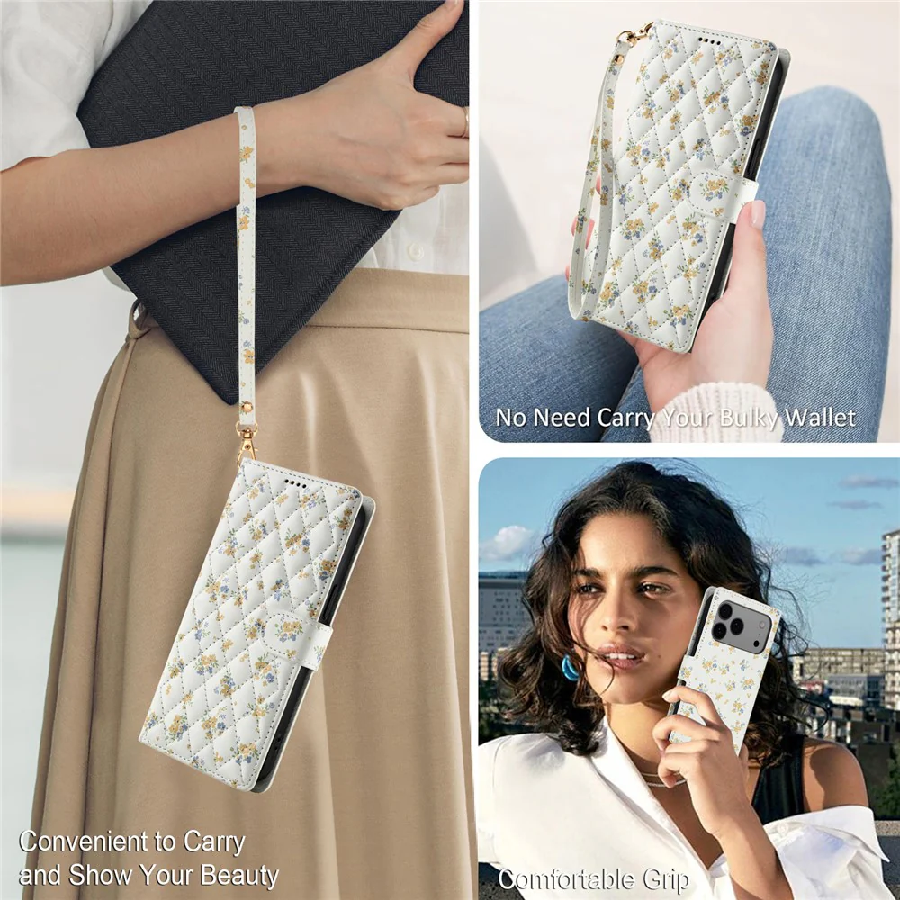 For iPhone 17 Pro Max Wallet Case Rhombic Floral Design Leather Flip Phone Cover with Strap - A5 - Image 5