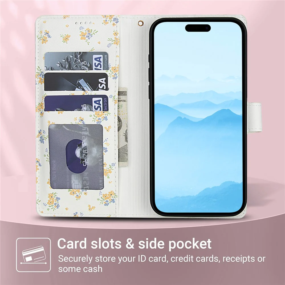 For iPhone 17 Pro Max Wallet Case Rhombic Floral Design Leather Flip Phone Cover with Strap - A5 - Image 6