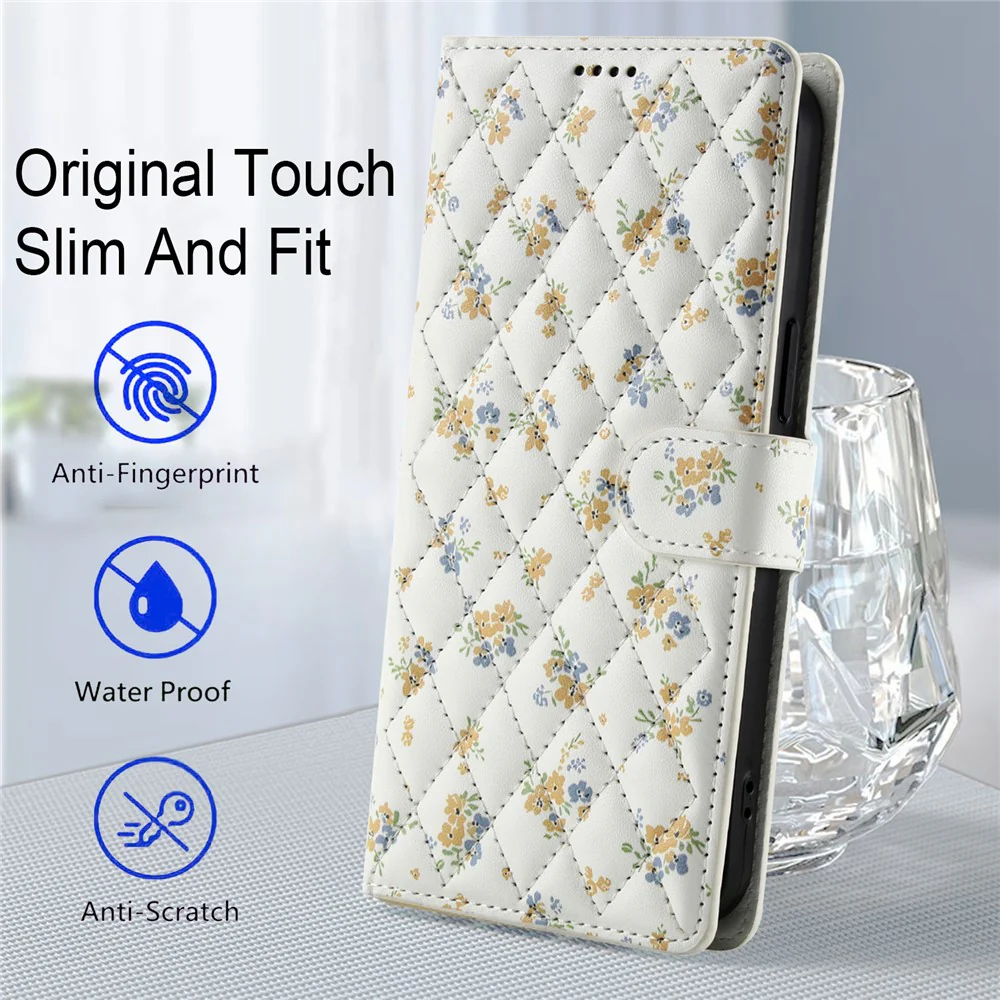 For iPhone 17 Pro Max Wallet Case Rhombic Floral Design Leather Flip Phone Cover with Strap - A5 - Image 7