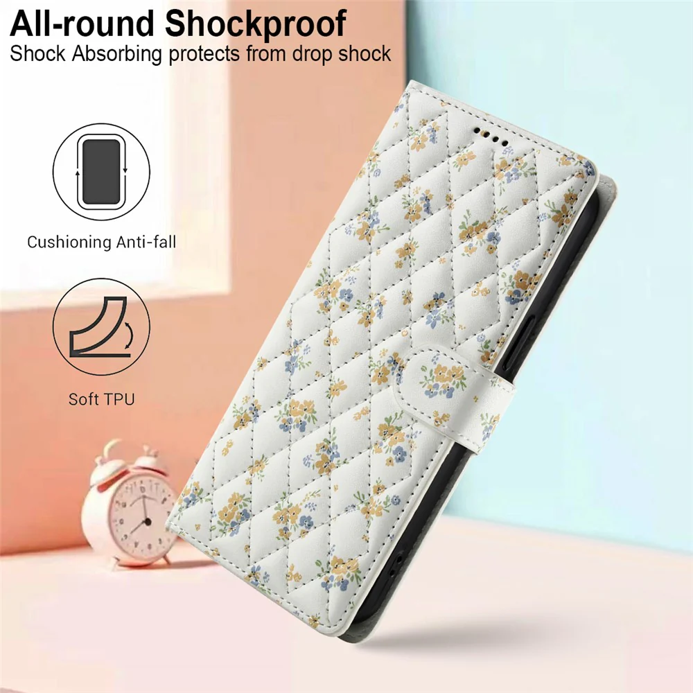 For iPhone 17 Pro Max Wallet Case Rhombic Floral Design Leather Flip Phone Cover with Strap - A5 - Image 8