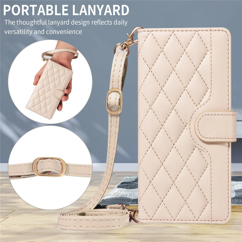For iPhone 17 Pro Max Wallet Case Rhombus Leather Phone Cover with Strap - Apricot - Image 6
