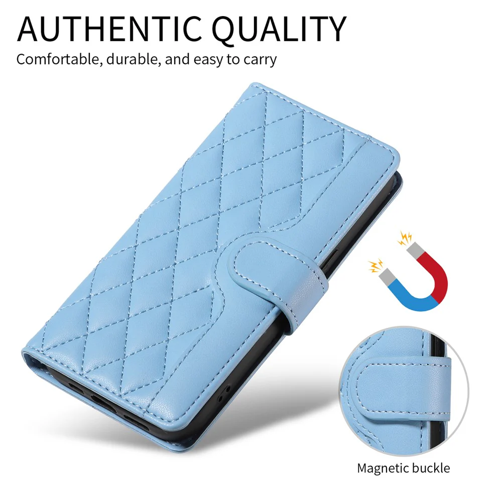 For iPhone 17 Pro Max Wallet Case Rhombus Leather Phone Cover with Strap - Blue - Image 5