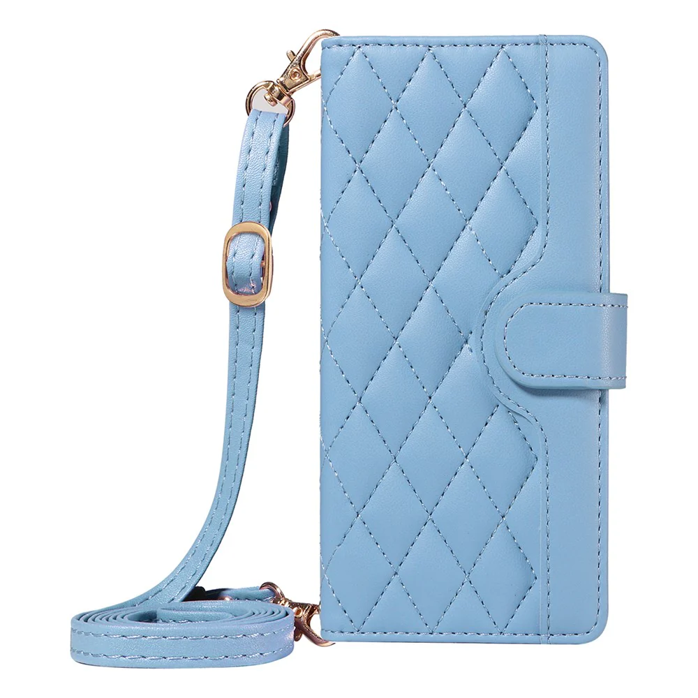 For iPhone 17 Pro Max Wallet Case Rhombus Leather Phone Cover with Strap - Blue - Image 7