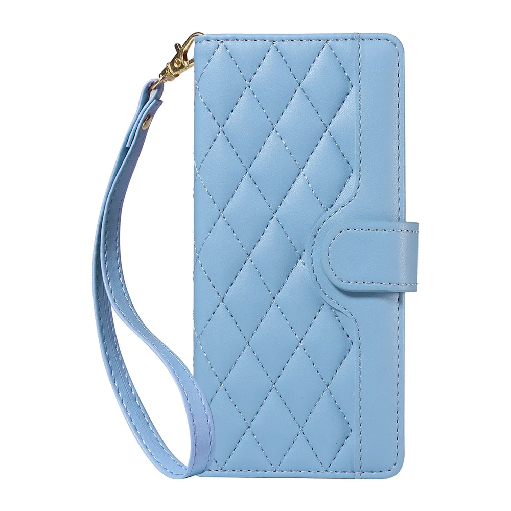 For iPhone 17 Pro Max Wallet Case Rhombus Leather Phone Cover with Strap - Blue - Image 8