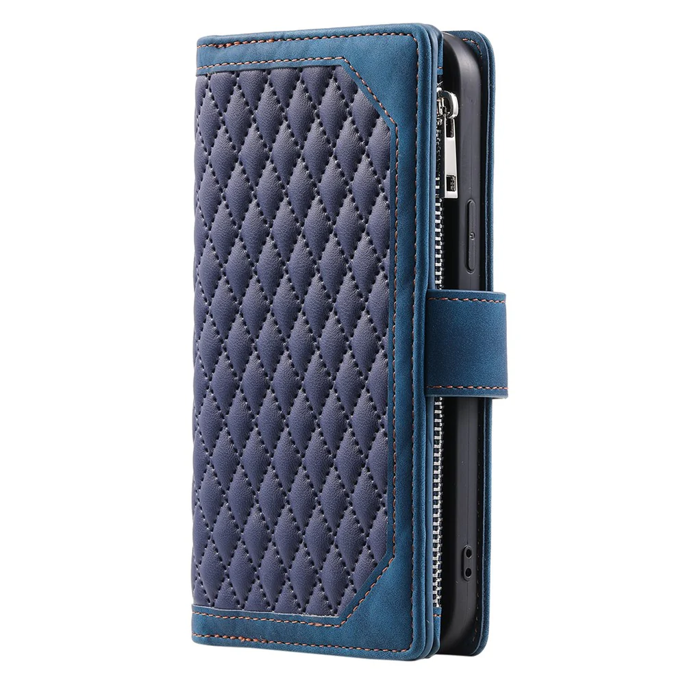 For iPhone 17 Pro Max Wallet Case Rhombus Stitching Line PU Leather Phone Cover with Wrist Strap - Blue - Image 8