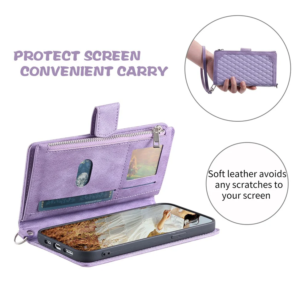For iPhone 17 Pro Max Wallet Case Rhombus Stitching Line PU Leather Phone Cover with Wrist Strap - Purple - Image 3
