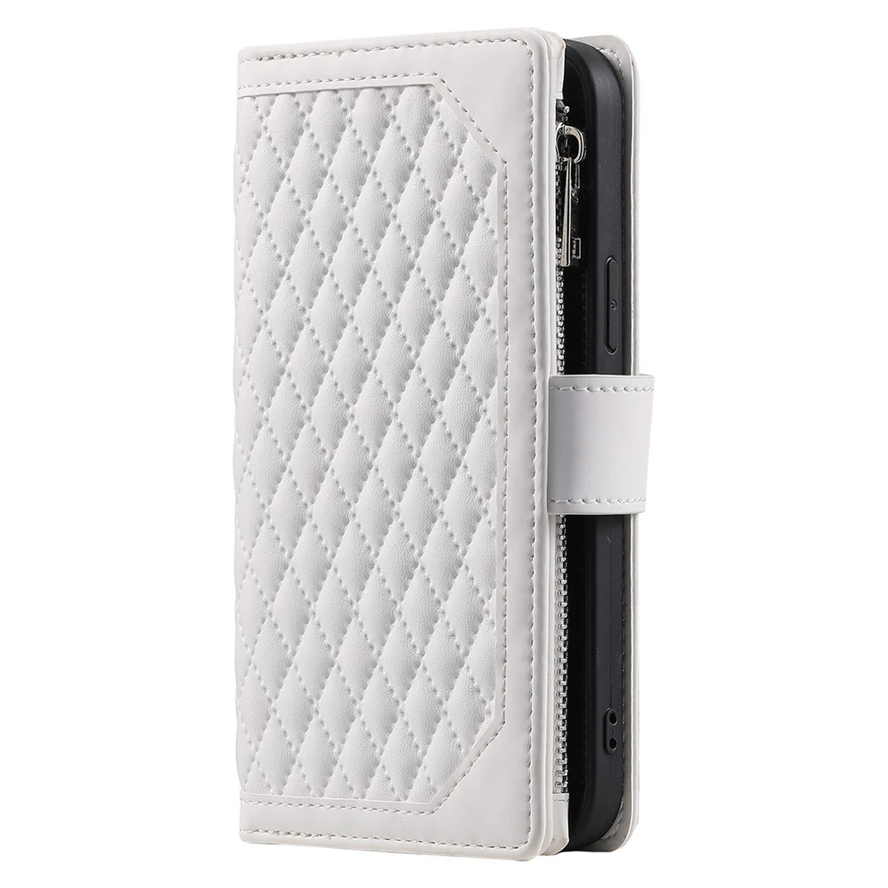 For iPhone 17 Pro Max Wallet Case Rhombus Stitching Line PU Leather Phone Cover with Wrist Strap - White - Image 8