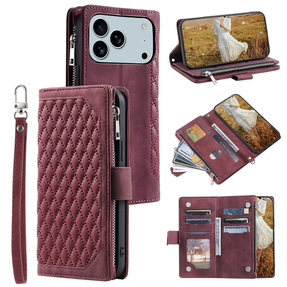 For iPhone 17 Pro Max Wallet Case Rhombus Stitching Line PU Leather Phone Cover with Wrist Strap - Wine Red