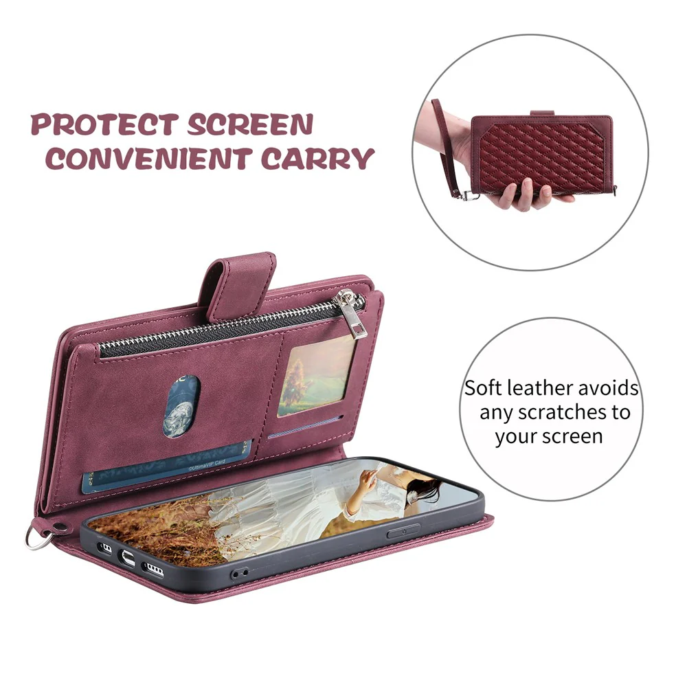 For iPhone 17 Pro Max Wallet Case Rhombus Stitching Line PU Leather Phone Cover with Wrist Strap - Wine Red - Image 6
