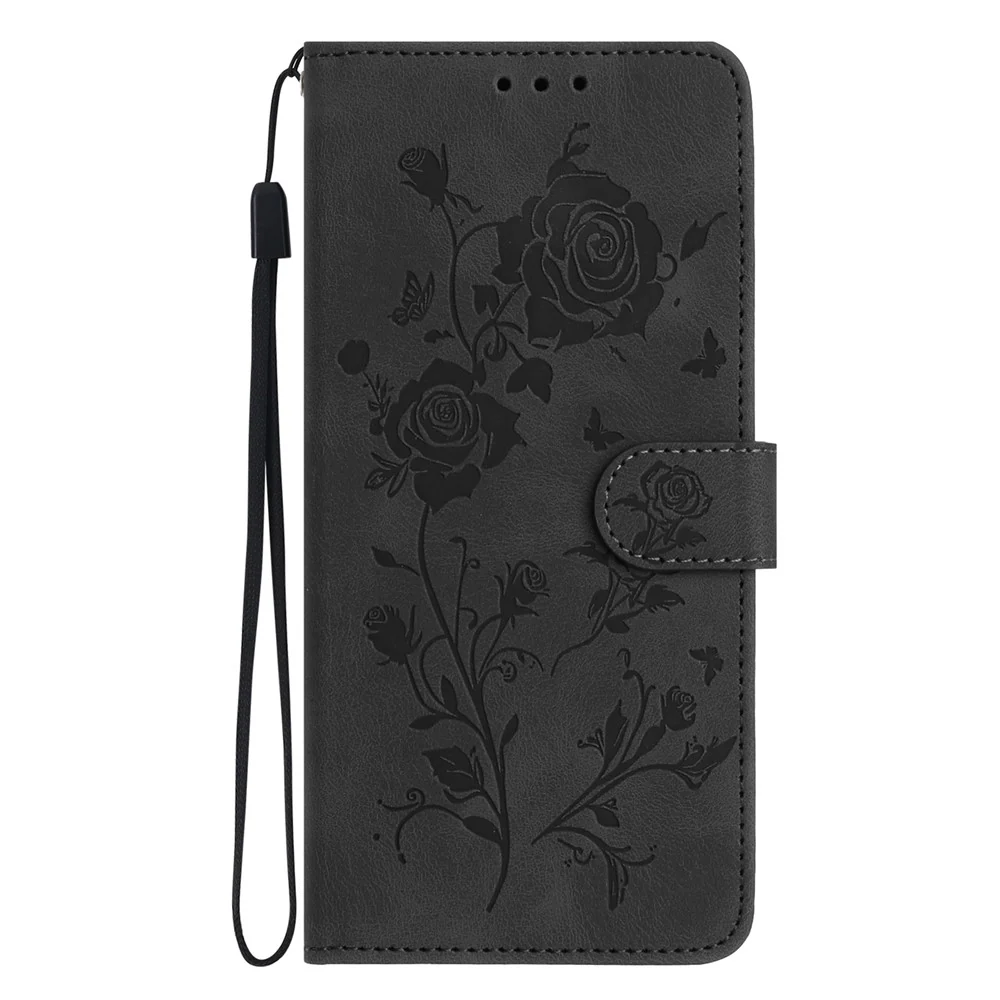 For iPhone 17 Pro Max Wallet Case Rose Pattern Imprinted Leather Flip Stand Phone Cover with Strap - Black - Image 7