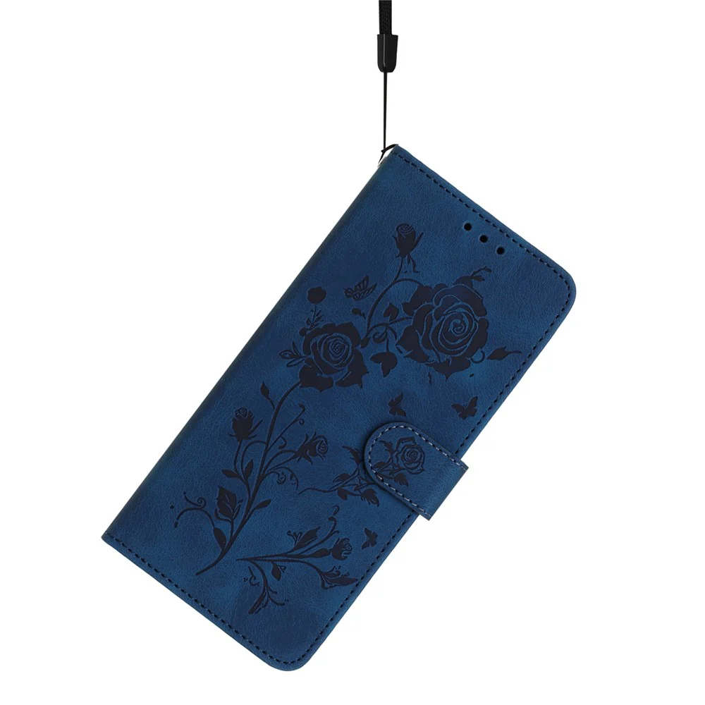 For iPhone 17 Pro Max Wallet Case Rose Pattern Imprinted Leather Flip Stand Phone Cover with Strap - Dark Blue - Image 4