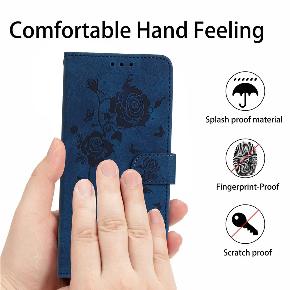 For iPhone 17 Pro Max Wallet Case Rose Pattern Imprinted Leather Flip Stand Phone Cover with Strap - Dark Blue - Image 5