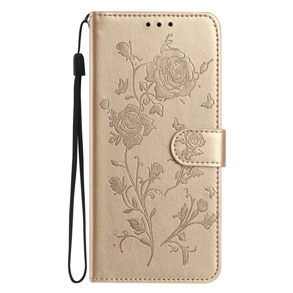 For iPhone 17 Pro Max Wallet Case Rose Pattern Imprinted Leather Flip Stand Phone Cover with Strap - Gold - Image 6