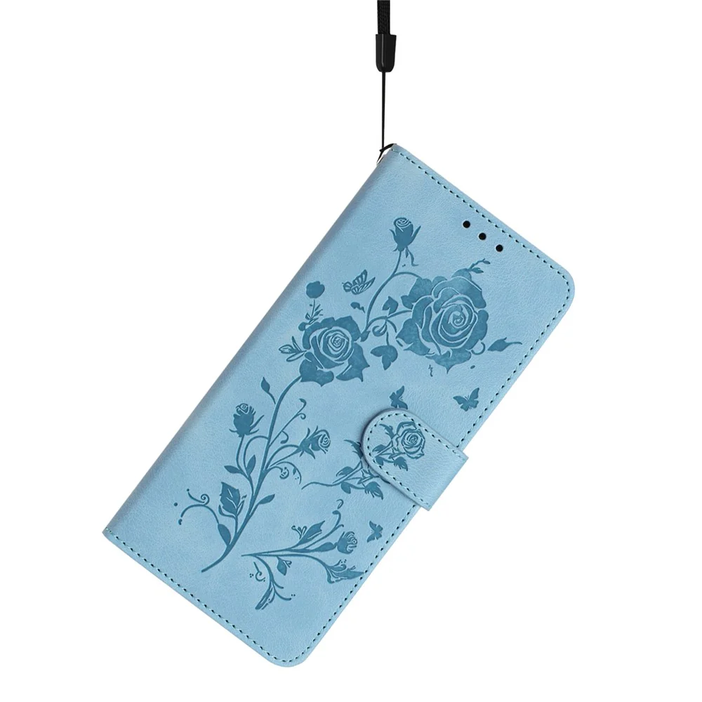 For iPhone 17 Pro Max Wallet Case Rose Pattern Imprinted Leather Flip Stand Phone Cover with Strap - Sky Blue - Image 4