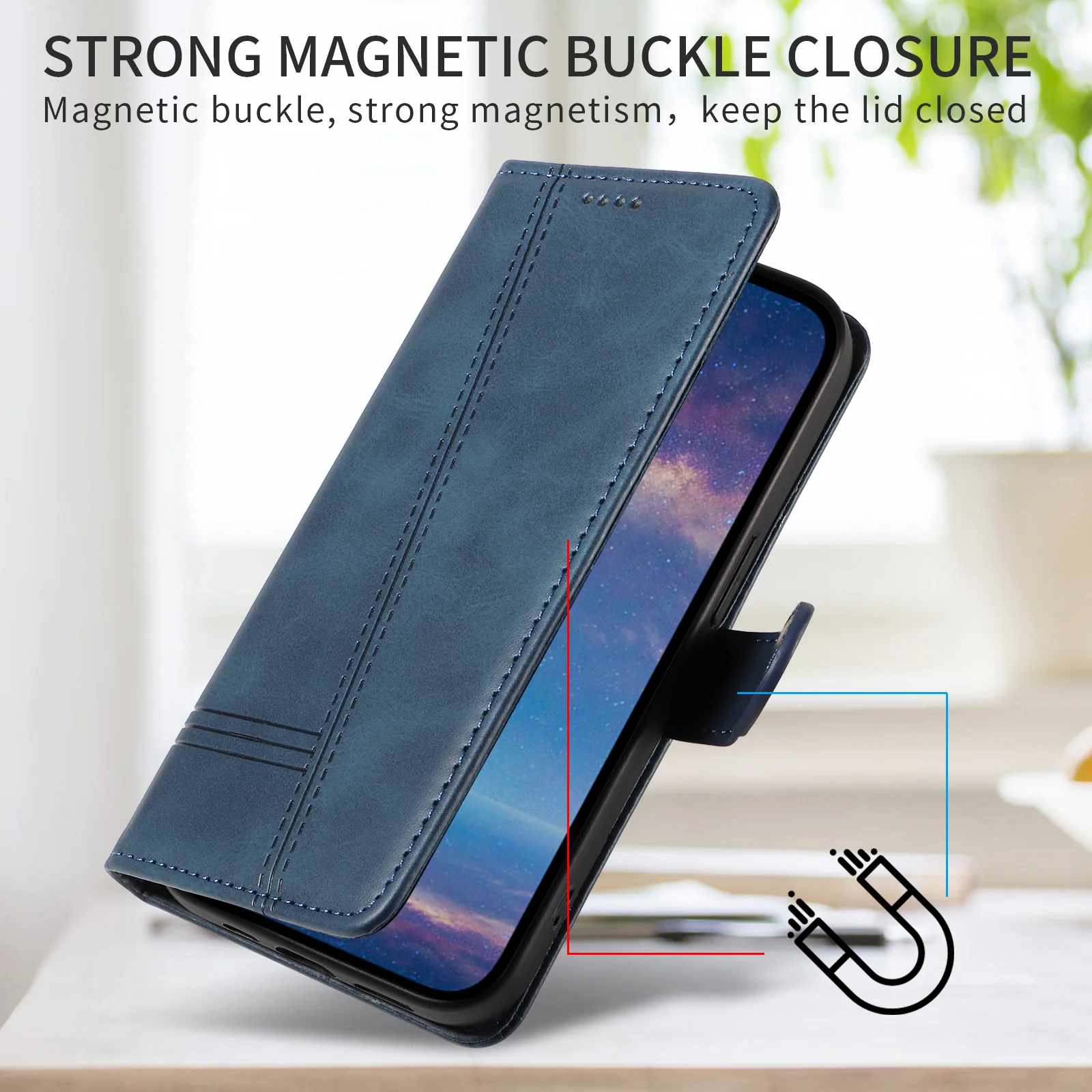 For iPhone 17 Pro Max Wallet Case T-Shape Lines Leather Phone Cover Stand - Blue - Image 5