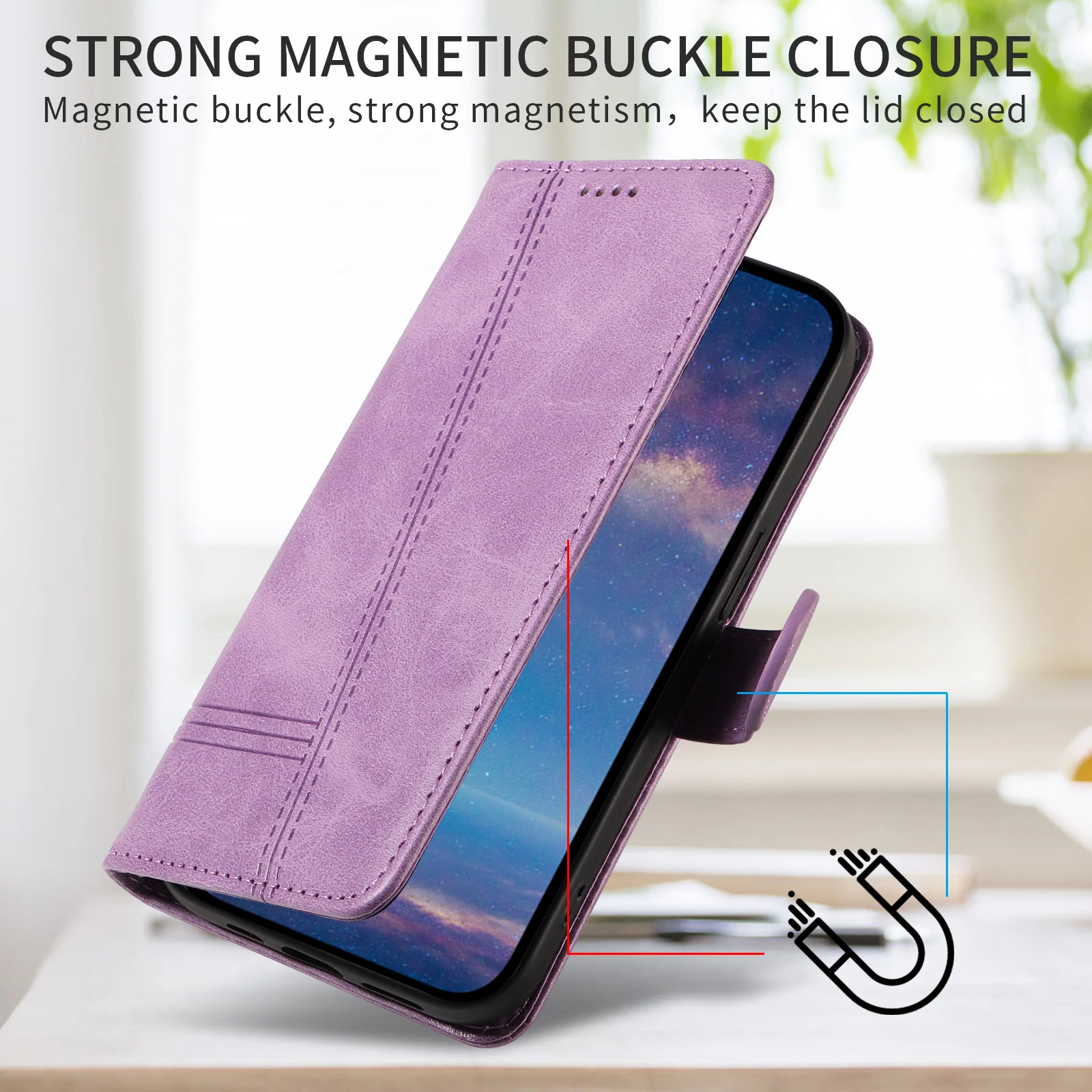 For iPhone 17 Pro Max Wallet Case T-Shape Lines Leather Phone Cover Stand -  Light Purple - Image 3