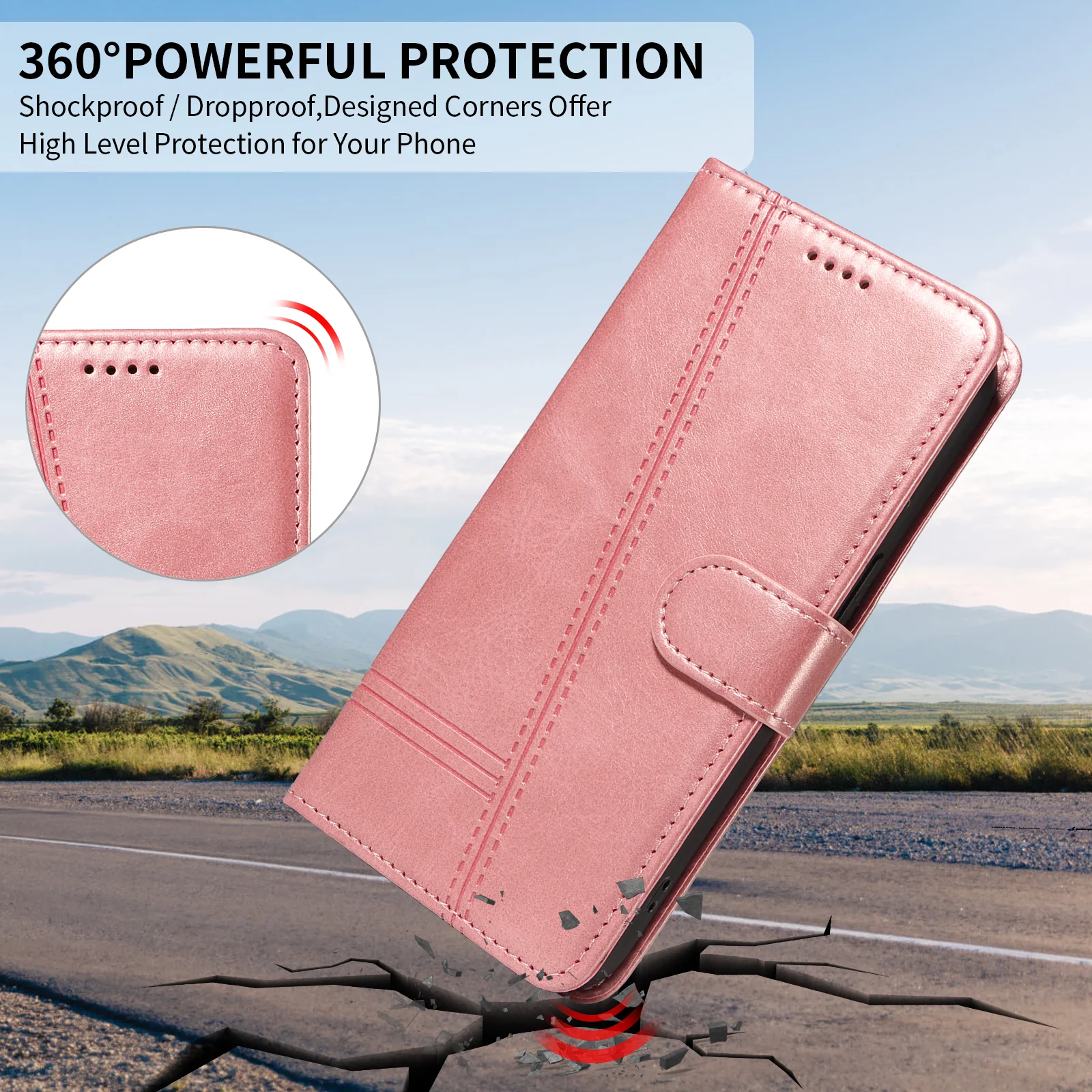 For iPhone 17 Pro Max Wallet Case T-Shape Lines Leather Phone Cover Stand - Rose Gold - Image 5