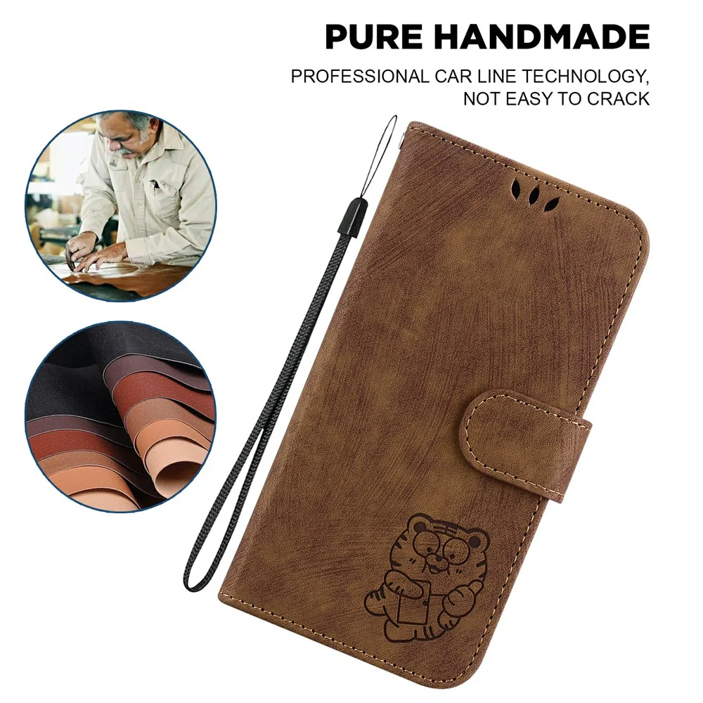 For iPhone 17 Pro Max Wallet Case Tiger Imprint Leather Shockproof Phone Cover with Wrist Strap - Brown - Image 7