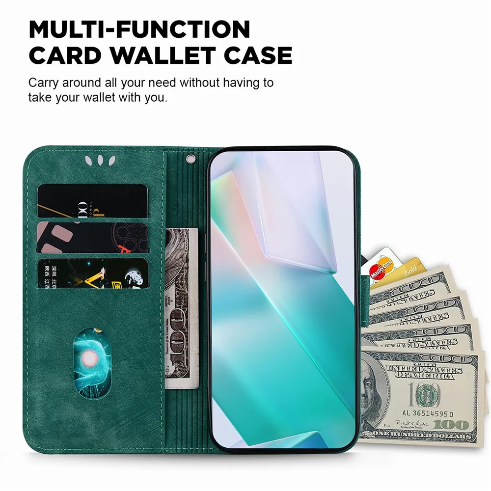 For iPhone 17 Pro Max Wallet Case Tiger Imprint Leather Shockproof Phone Cover with Wrist Strap - Green - Image 5