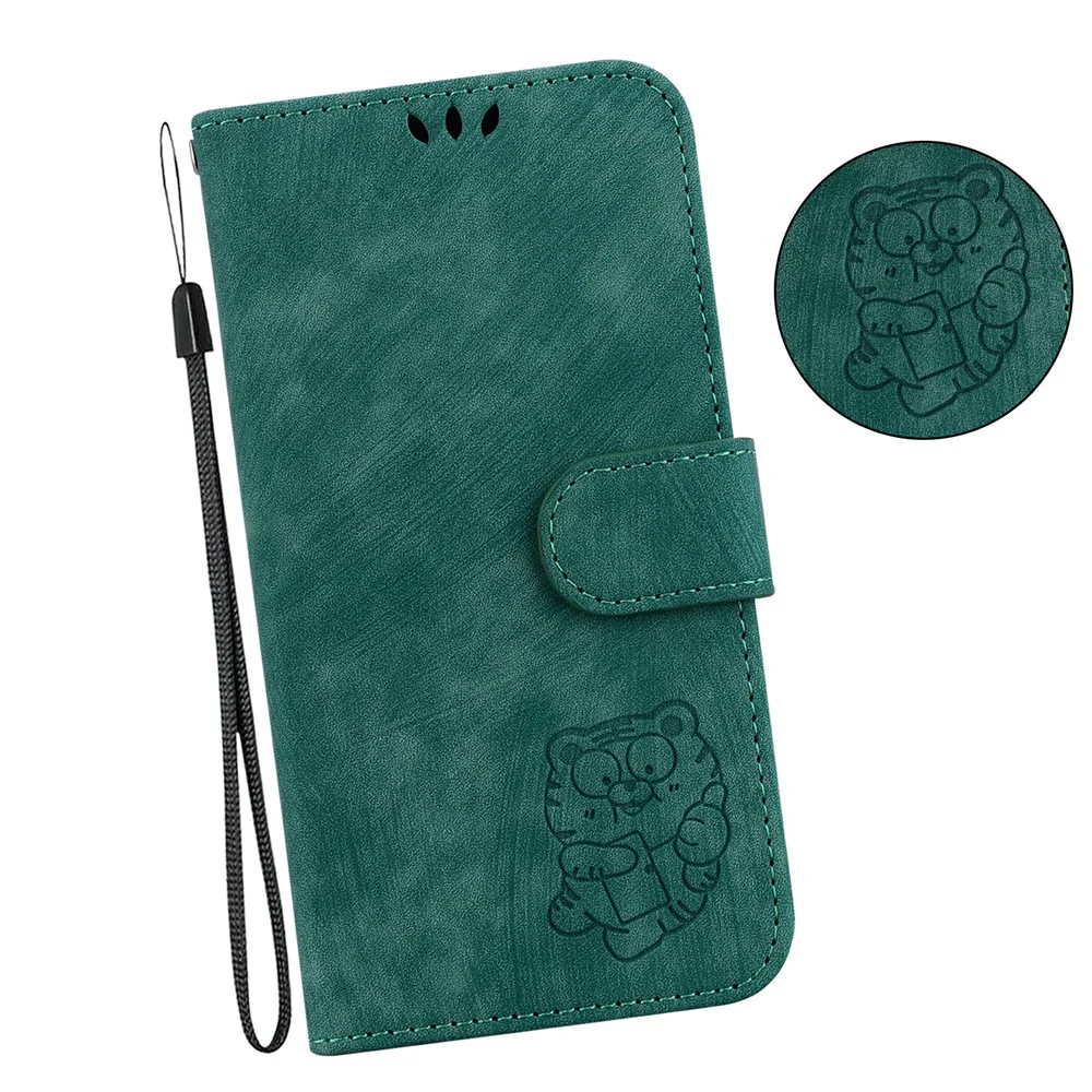 For iPhone 17 Pro Max Wallet Case Tiger Imprint Leather Shockproof Phone Cover with Wrist Strap - Green - Image 8