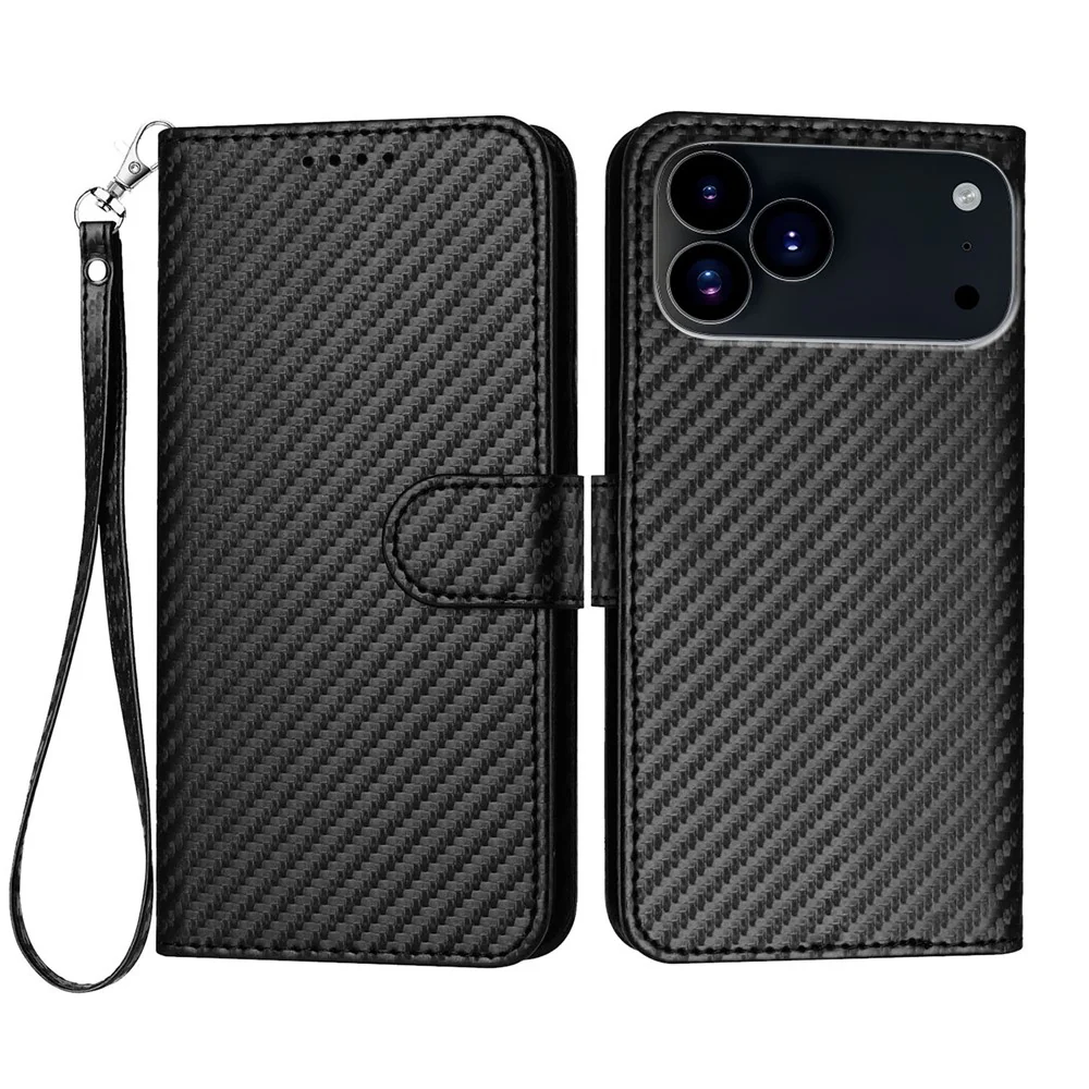For iPhone 17 Pro Max Wallet Case with Strap Carbon Fiber Texture Leather Mobile Cover - Black