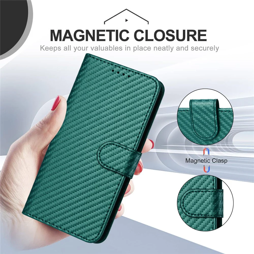 For iPhone 17 Pro Max Wallet Case with Strap Carbon Fiber Texture Leather Mobile Cover - Blackish Green - Image 6
