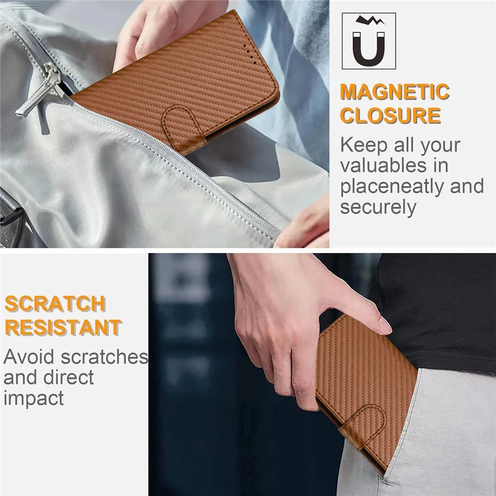 For iPhone 17 Pro Max Wallet Case with Strap Carbon Fiber Texture Leather Mobile Cover - Coffee - Image 7