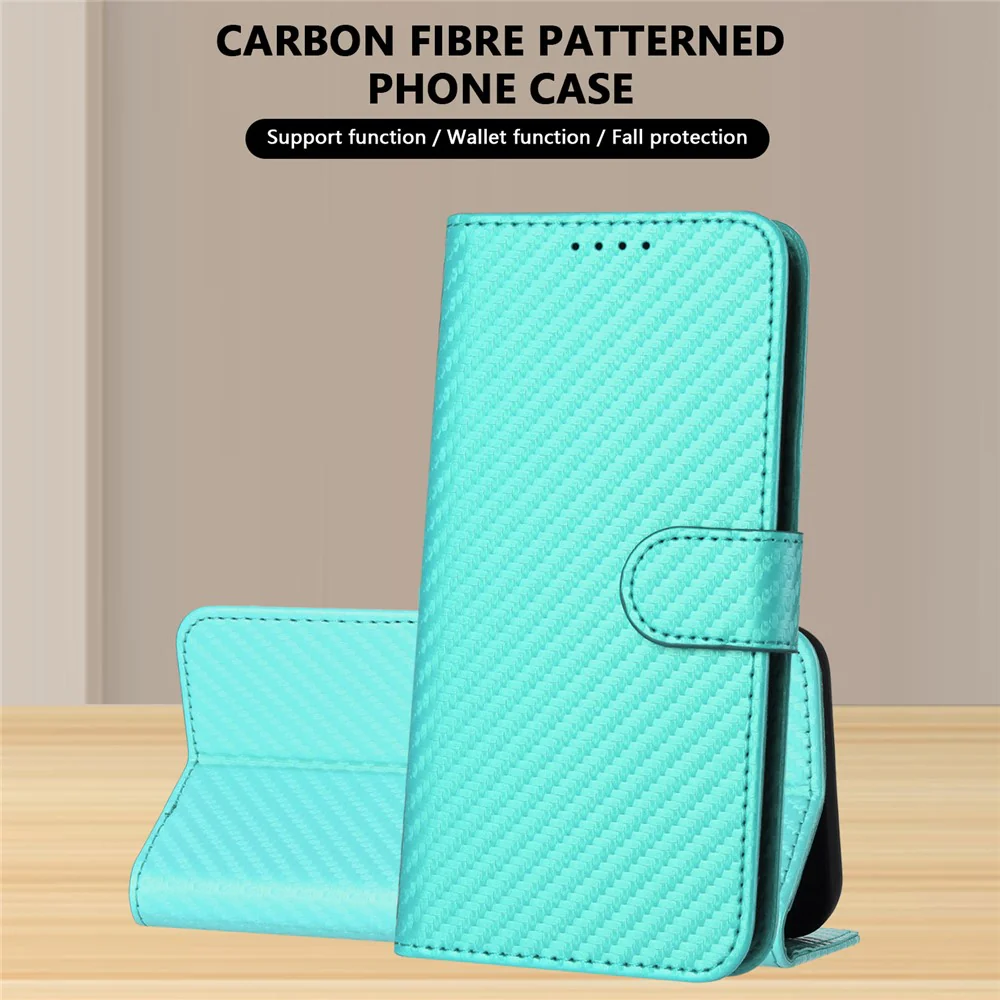 For iPhone 17 Pro Max Wallet Case with Strap Carbon Fiber Texture Leather Mobile Cover - Light Blue - Image 3