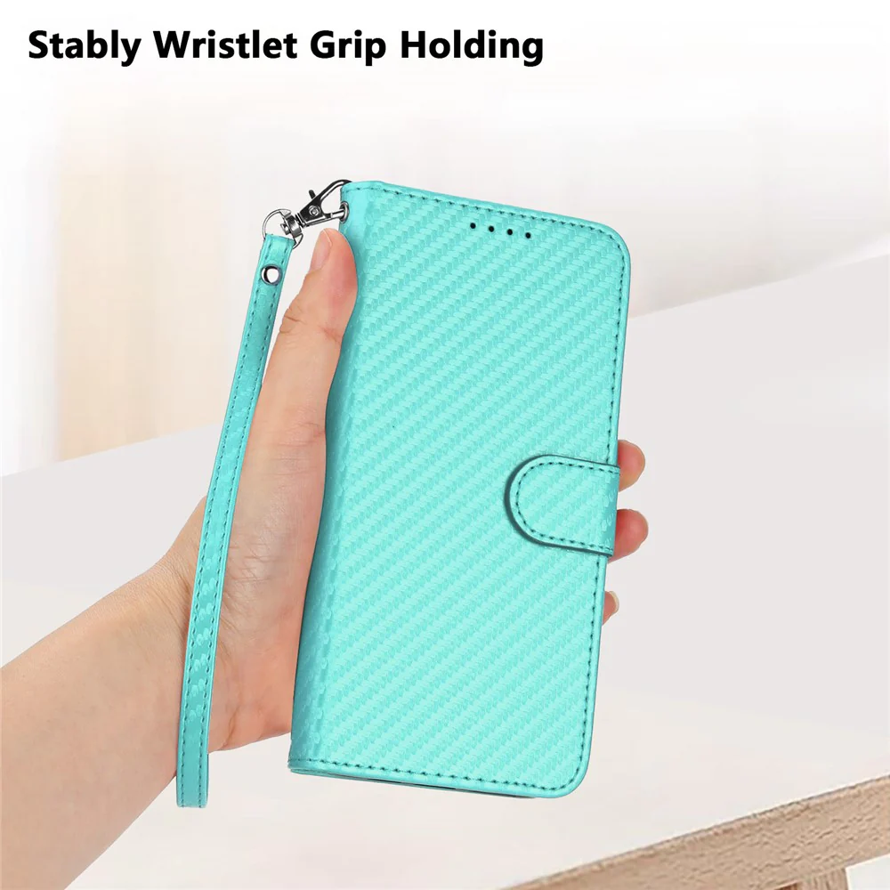 For iPhone 17 Pro Max Wallet Case with Strap Carbon Fiber Texture Leather Mobile Cover - Light Blue - Image 5